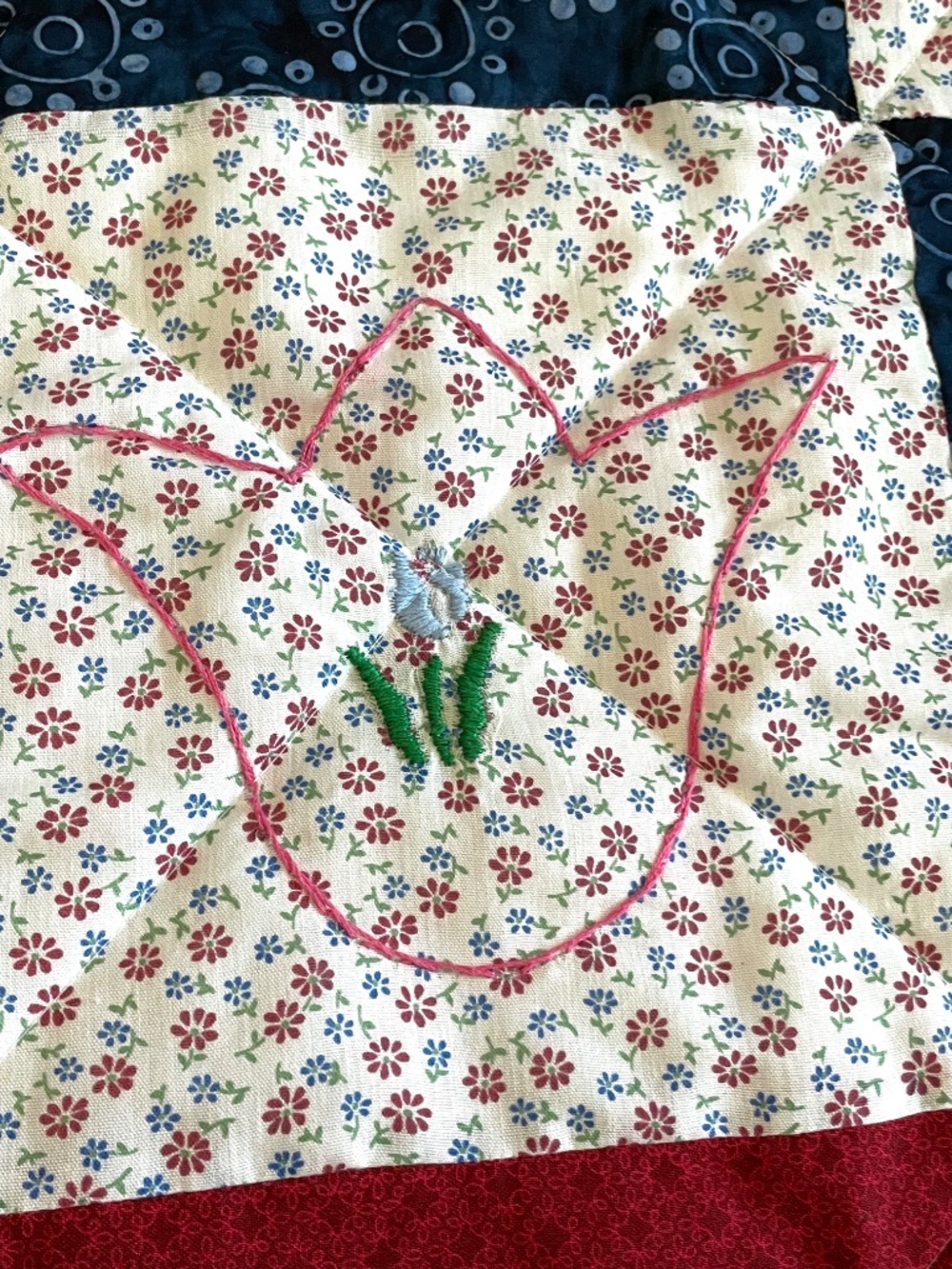 Handmade Quilt Whimsical Red Off White Blue Embroidered Flower Lap Child Size - Picture 2 of 15